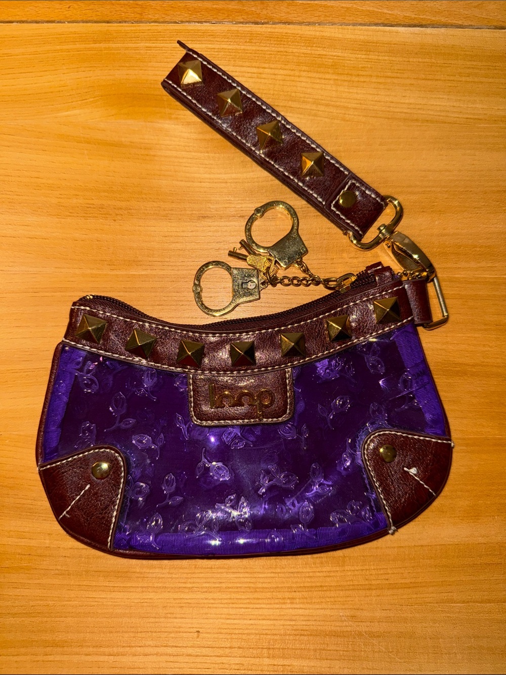 Purple Vinyl Wristlet Clutch with Brown Studded Trim
